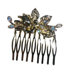 Disney Gold Tone Floral Hair Comb Rose Rhinestone